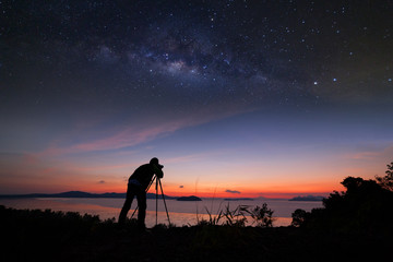 Photographer doing photography sunrise with milky way galaxy.