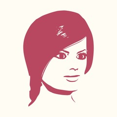 Face half turn view. Elegant silhouette of a female head. Portrait of a happy smiled woman