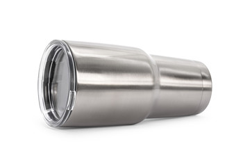 Steel mug isolated on white background. Large water bottle for keeping temperature. Big stainless cup for your design. Clipping paths object.
