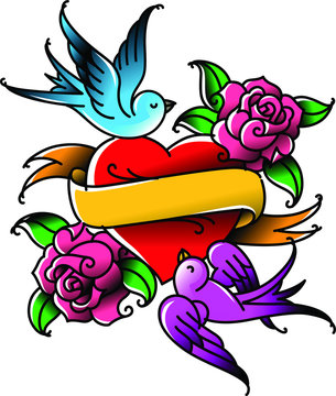 A heart and flower tattoo with a flower. Tattoo in the style of the American old school. Vector flat tattoo. The illustration is isolated on a white background. Tattoo for the inscription loved. St. V