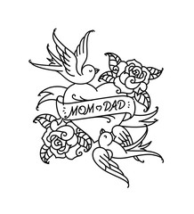 A tattoo with the inscription of Mom. A heart and flower tattoo with a flower. Tattoo in the style of the American old school. Raster flat tattoo. The illustration is isolated on a white background. 