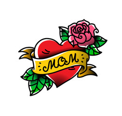 A tattoo with the inscription of Mom. A heart and flower tattoo with a flower. Tattoo in the style of the American old school. Raster flat tattoo. The illustration is isolated on a white background.