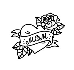 A tattoo with the inscription of Mom. A heart and flower tattoo with a flower. Tattoo in the style of the American old school. Raster flat tattoo. The illustration is isolated on a white background. 