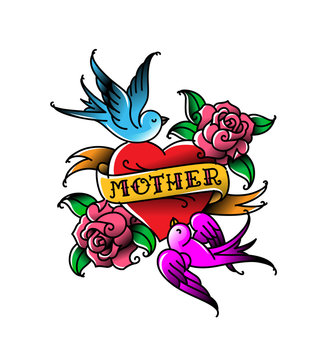A tattoo with the inscription of Mom. A heart and flower tattoo with a flower. Tattoo in the style of the American old school. Raster flat tattoo. The illustration is isolated on a white background.