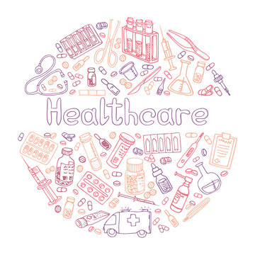 Healthcare hand drawn doodles vector illustration