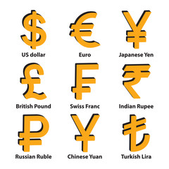 Currencies 3d symbol icons set. Vector.