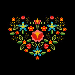 Polish folk pattern vector. Floral ethnic ornament. Slavic eastern european print. Heart flower design for boho valentines cards, bohemian pillow case, neckline embroidery, gypsy interior textile.