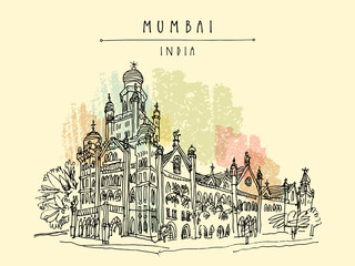Beautiful old British colonial building in Mumbai (Bombay), India. Hand drawn postcard