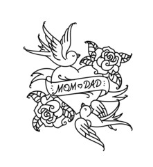 Tattoos with the inscription of Mom and Dad. Two hearts with a flower and a bird. Vector flat tattoo. Congratulation for parents with an anniversary. A tattoo for loving parents. Tattoos in the old st