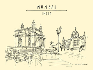 Gateway of India and Taj Mahal Palace Hotel in Mumbai (Bombay), India. Travel vintage hand drawn postcard