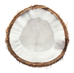 half of ripe hairy coconut isolated on white background