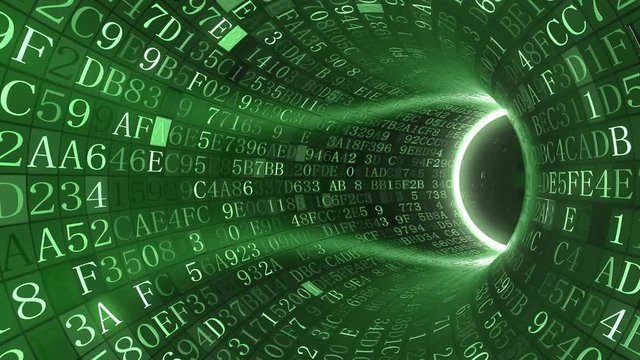 Loopable green tunnel made of hexadecimal symbols. Internet service, information technology or big data related motion background