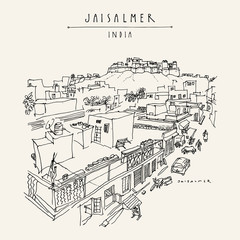 Overview of Jaisalmer, Rajasthan, India. Town street and fort. UNESCO heritage site. Vintage hand drawn touristic postcard