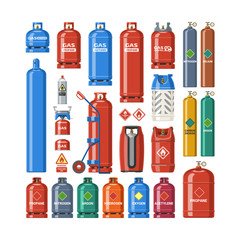 Gas cylinder vector lpg gas-bottle and gas-cylinder illustration set of cylindrical container with liquefied compressed gases with high pressure and valves isolated on white background