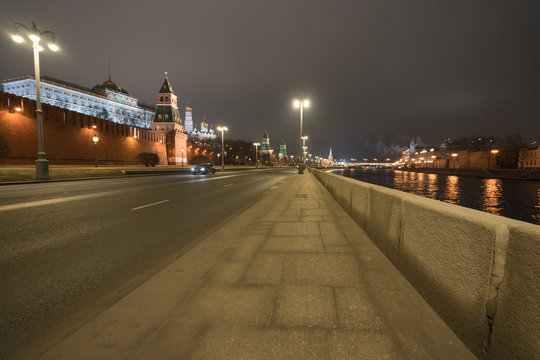 Night Moscow image. Cloudy. Night lights of city do colorful the night in Moscow. Kremlin wall and Government House are very bright.
