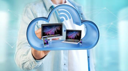 Devices like smartphone, tablet or computer displayed in a cloud- 3d render