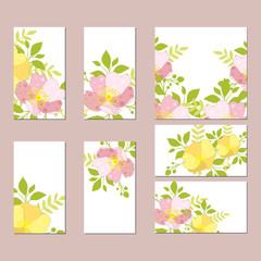 Botanic card with wild flowers, leaves.