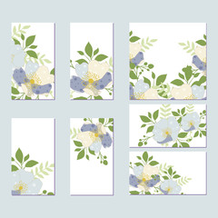 Botanic card with wild flowers, leaves.