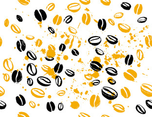 Vector seamless coffee backdrop design with hand drawn coffee beans isolated on white background. Ink drawing, coffee seeds. Packaging design, wallpaper, banner etc.