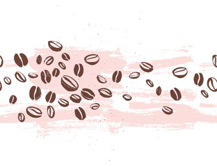 Vector seamless coffee backdrop design with hand drawn coffee beans isolated on white background. Ink drawing, coffee seeds. Packaging design, wallpaper, banner etc.