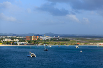 Fototapeta na wymiar Sailboats by Aruba Airport