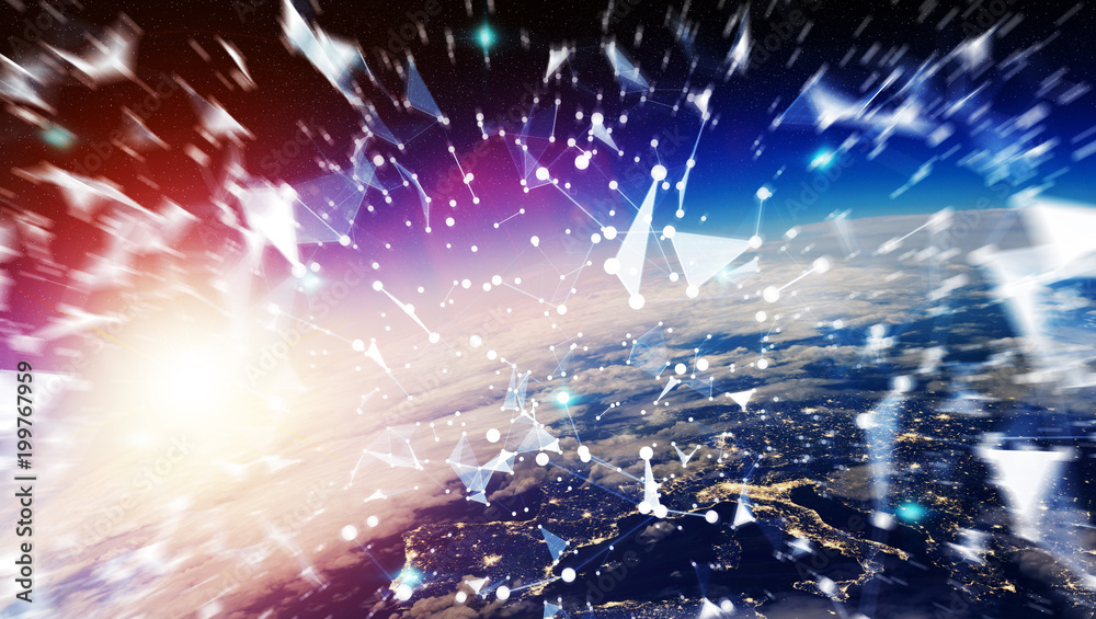 Poster Connections system and datas exchanges on planet Earth 3D rendering