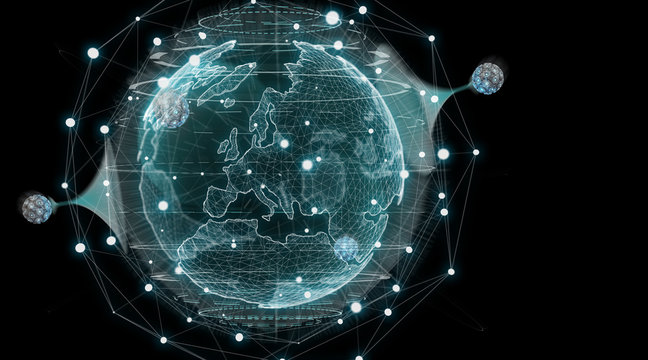 Globe network hologram with digital connection 3D rendering