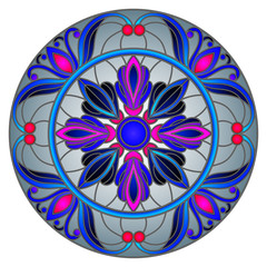 Illustration in stained glass style with abstract flowers, leaves and swirls, circular image on grey background