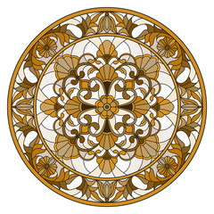 Illustration in stained glass style, round mirror image with floral ornaments and swirls,brown tone ,sepia 