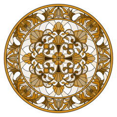 Illustration in stained glass style, round mirror image with floral ornaments and swirls,brown tone ,sepia 