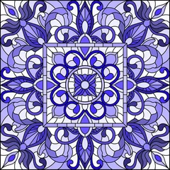 Cercles muraux Tuiles marocaines Illustration dans le style de vitrail avec des tourbillons abstraits et des feuilles sur fond clair, image carrée, bleu gamma