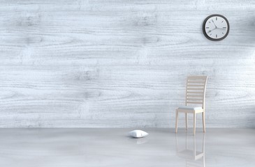 Grey-White living room decor with wood chair, wall clock, white wood wall, window,pillow, grey white cement floor, picture frame. The sun shines through the window into the shadows. 3d render.
