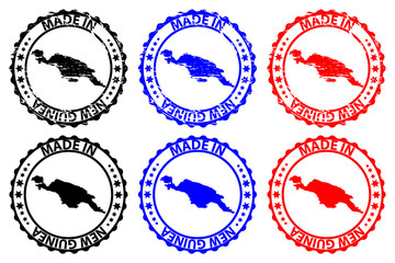 Made in New Guinea - rubber stamp - vector, New Guinea map pattern - black, blue and red
