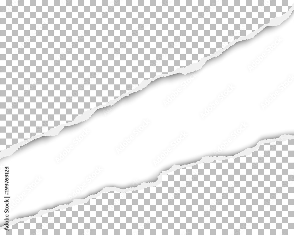 Wall mural ripped long hole in sheet of transparent paper with white resulting background. vector template pape