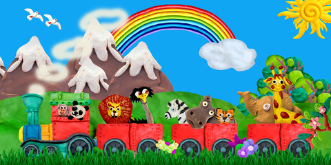 Traveling  Zoo animals 3D rendering children banner illustration   © onanana