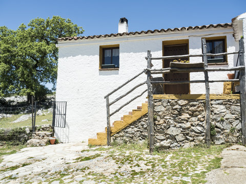 escena rural de una casa de campo encalada de blanco y amarillo con chimenea en el techo , puertas ,ventanas  y pasamano de las escaleras de madera  y un arb&oacute;l verde en el terreno