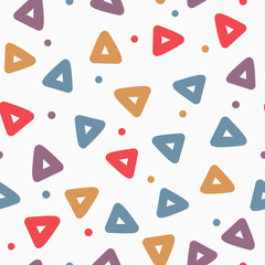 Repeated triangles and round dots. Geometric seamless pattern. Drawn by hand, sketch, doodle. Endless print for children.