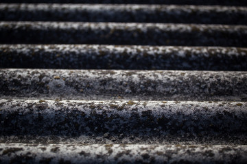 Moss on the roof slate close-up. Texture of a full-fledged roof with a slate.