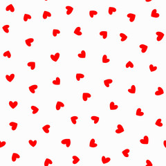 Repeating red hearts on white background. Romantic seamless pattern. Drawn by hand. Cute endless print.