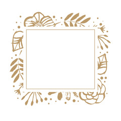 Flower frame template for wedding invitation and greeting card. Floral botanical collection. Flowers, branches, and leaves in nature pattern. Hand drawn design elements. Vector illustration.