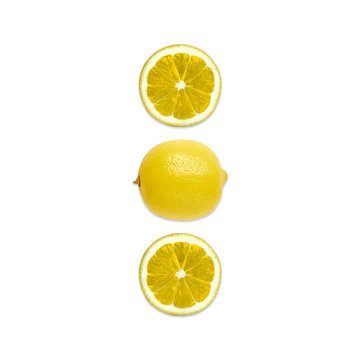 Lemon Top view Photo mockup with two halves and one whole ripe lemon lying in a row on white background Design template with copy space Flat lay