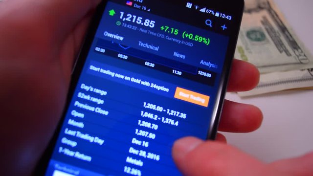 Stock market, trading online, businessman working with smartphone on the stock market trading floor. Man touching phone screen, browse stock market data and chart. Online trading Forex.