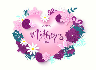 Happy Mother's Day greeting card design with beautiful blossom flowers, heart, butterflies and lettering. Design layout for invitation, greeting card, ad, promotion, banner, poster, voucher.
