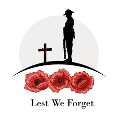 Anzac Day Banner, Silhouette of soldier paying tribute, Vector