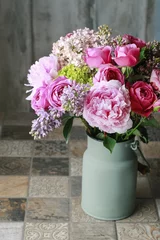 Poster Floral arrangement with pink roses, peonies and lilacs. © agneskantaruk