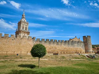 Fototapeta premium Vista de la Ciudad Villa Medieval de Burgo de Osma con la Torre de la Catedral desde un Parque fuera de las Murallas de la Ciudad, Soria, España