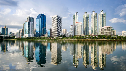 Obraz na płótnie Canvas Bangkok city - Cityscape downtown Business district urban area ,reflection landscape Bangkok Thailand