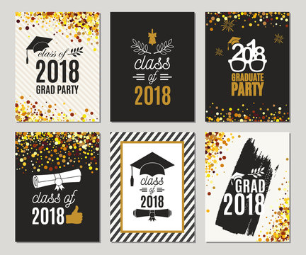 Graduation Class of 2018 greeting cards set. Vector party invitations. Grad posters. All isolated and layered
