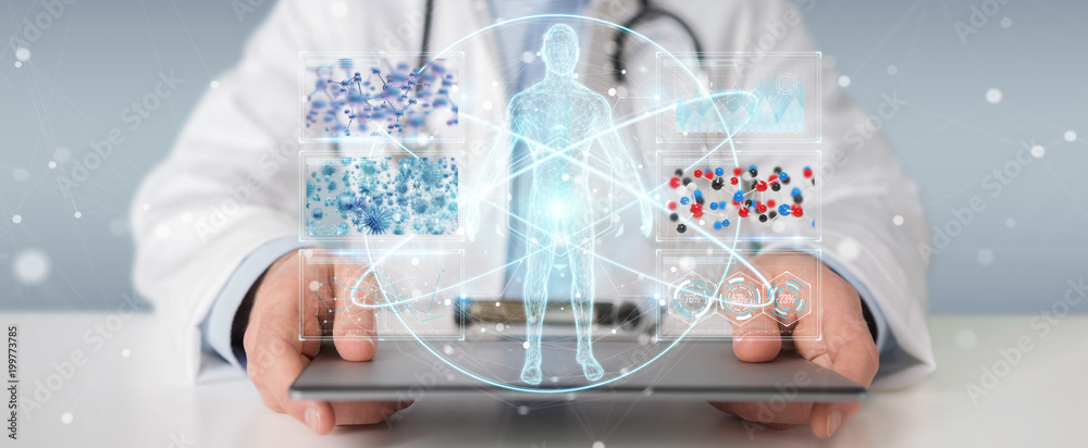 Poster Doctor using digital medical futuristic interface 3D rendering