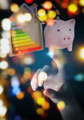 Businesswoman saving money with good energy chart rating 3D rendering